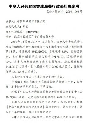 中国烟草国际有限公司涉嫌违反海关监管规定被罚