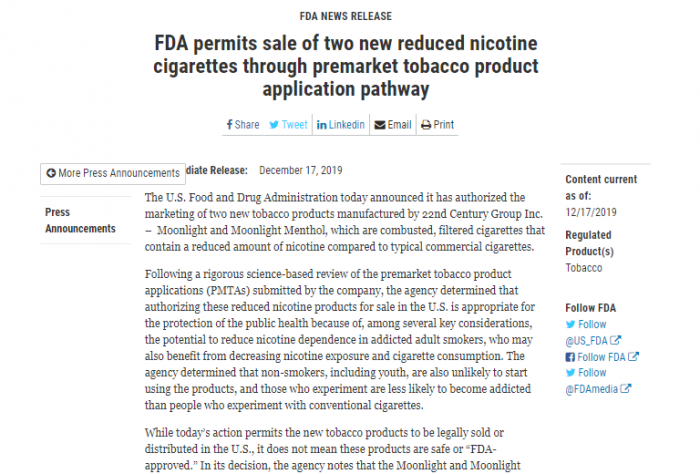 FDA批准两款低尼古丁含量香烟 但似乎放弃强制规范尼古丁含量的计划