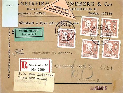 ①贴有1940年瑞典发行的卡尔·冯·林奈肖像邮票的挂号邮件。
